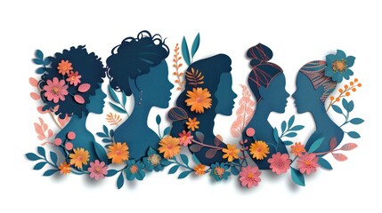 Illustrate a captivating vector graphic of a diverse ensemble of women portrayed in a paper cut-out design, with beautifully crafted floral elements symbolizing unity and beauty.