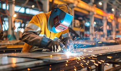 Welder in mask. Industry factory. Safety workshop, industrial manufacturing metalwork and man. Construction technical welder engineering. Welding workplace, handyman in helmet and fire job