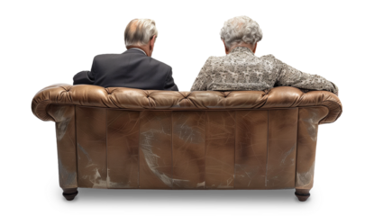 Rear view of an elderly couple, probably watching TV, shared moment of quiet intimacy on a leather sofa, a tableau of timeless companionship. Transparent png, add your own background.