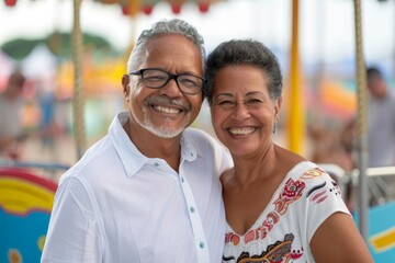 Obraz premium Portrait of a grinning multicultural couple in their 60s wearing a classic white shirt over lively amusement park background