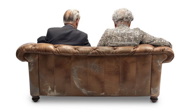 Rear view of an elderly couple, probably watching TV, shared moment of quiet intimacy on a leather sofa, a tableau of timeless companionship. Transparent png, add your own background. - Powered by Adobe