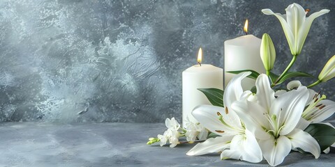Soothing condolence background with white lilies candles and textured grey backdrop. Concept Condolence Background, White Lilies, Candles, Textured Grey Backdrop, Funeral Ceremony
