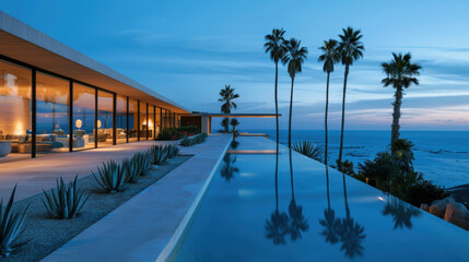 Fototapeta premium villa avec piscine au bord de mer avec palmiers et cactus à l'heure bleue