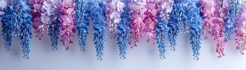 Beautiful cascading blue and pink wisteria flowers create a vibrant and colorful display against a clean white background.