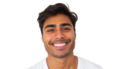 Young latin Brazilian man isolated on transparent background laughing