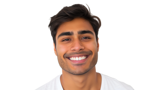 Young latin Brazilian man isolated on transparent background laughing