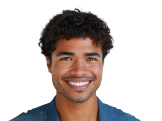 Young latin Brazilian man isolated on transparent background laughing