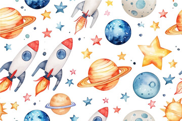 Seamless pattern spaceship. Planets, rockets and stars. Cartoon spaceship icons. Kid's elements watercolor. Childish background. Flat style hand drawn vector illustration.