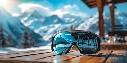 Goggles on table reflecting mountains at ski resort aprèsski restaurant. Concept Ski Resort, Goggles, Après-ski, Mountains, Reflections