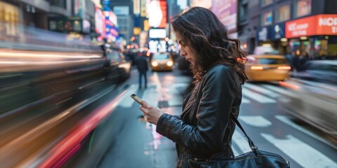 A young woman is engrossed in her phone with blurred city life and vibrant lights around her, capturing the essence of a bustling urban environment