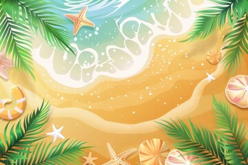 Tropical summer beach background with coconut tree, beach umbrella, chair and summer element vector illustration. summer vacation concept. 3d rendering