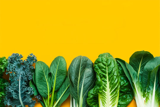 Fresh Leafy Greens Banner Solid Yellow Background with Space for Text