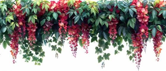 Fototapeta premium Vibrant cascading flowers and green leaves create a natural, colorful border perfect for garden and floral decor projects.