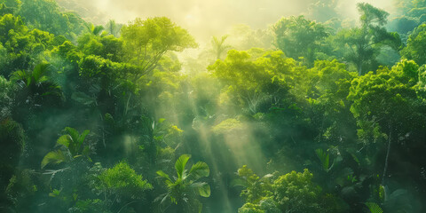 Fototapeta premium Misty rainforest with sunlight filtering through dense foliage, creating a serene and enchanting natural landscape filled with lush greenery and vibrant life..