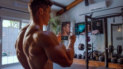 A muscular man holds a smartphone in his right hand as he films himself while working out in his home gym.