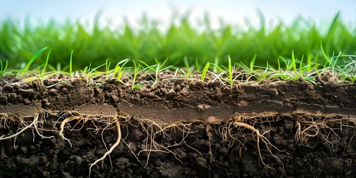 Illustration of soil layers with topsoil subsoil grass roots for agriculture. Concept Agricultural Soil Layers, Topsoil Illustration, Subsoil Composition, Grassroots Explanation