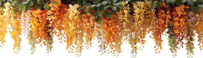 A beautiful display of hanging artificial orange flowers against a white background, showcasing vibrant autumn colors and detailed, realistic petals.