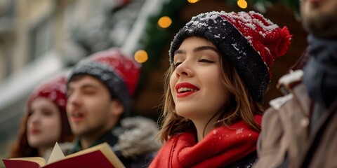 Fototapeta premium Festive tradition of singing Christmas carols on the streets. Concept Christmas Carols, Festive Traditions, Holiday Joy, Street Singing