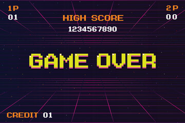 GAME OVER INSERT A COIN TO CONTINUE .pixel art .8 bit game. retro game. for game assets in vector illustrations.
