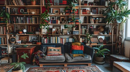 Maximalist Living Room with Eclectic Shelves Filled with Books and Unique Collectibles