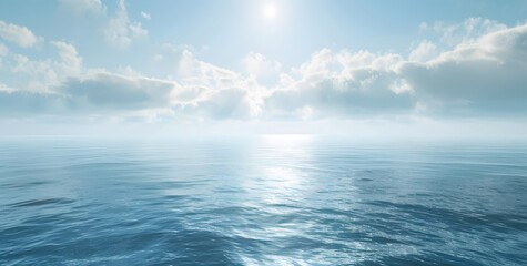 Fototapeta premium 3D rendering of a calm blue sea with fog and sunlight in the background. A bright sky over the ocean landscape banner