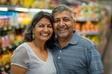 Obraz premium Portrait of a smiling indian couple in their 50s donning a classy polo shirt while standing against busy supermarket aisle background