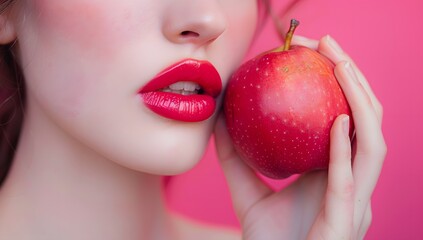 Close up of beautiful woman's lips with fresh apple on pink background