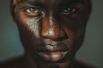 Obraz premium Closeup of a young man's face with captivating eyes and contrasting shadows