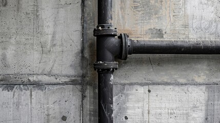 Compression Coupling for Black Plumbing Pipe Beside Concrete Wall