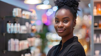 A young woman with a warm smile stands in a beauty store, likely working as a sales associate. The shelves behind her are filled with various products, creating a blurry backdrop.