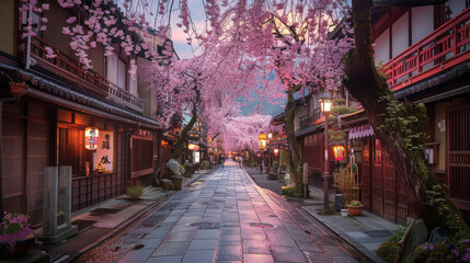 Fototapeta premium A street with a lot of cherry blossoms and lanterns