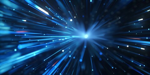 Fototapeta premium Dynamic image of blue light beams exploding from a central point on a dark background