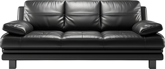 black leather sofa isolated on transparent background, black sofa PNG Direct view modern furniture object