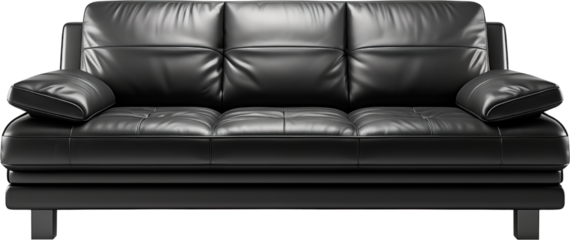black leather sofa isolated on transparent background, black sofa PNG Direct view modern furniture object