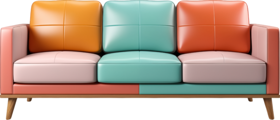 colorful leather sofa isolated on transparent background, colorful sofa PNG Direct view modern furniture object, blue orange yellow sofa