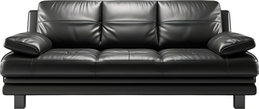 black leather sofa isolated on transparent background, black sofa PNG Direct view modern furniture object