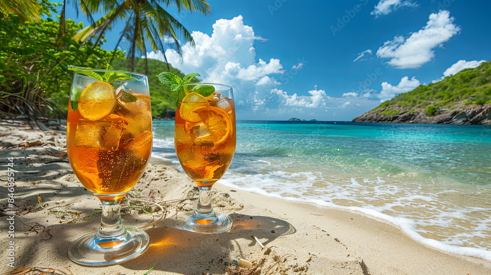 Wall mural two iced beverages on a sandy beach in the caribbean - Wall murals