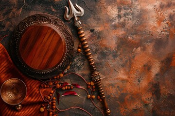 Shivaratri background with Shivas trident and Pellet Drum Damroo musical instrument . Hindu festival Maha Shivratri
