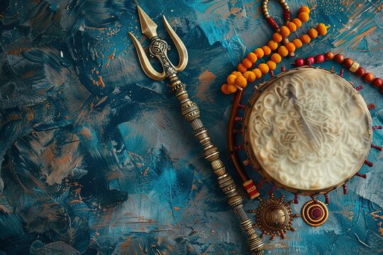 Shivaratri background with Shivas trident and Pellet Drum Damroo musical instrument . Hindu festival Maha Shivratri