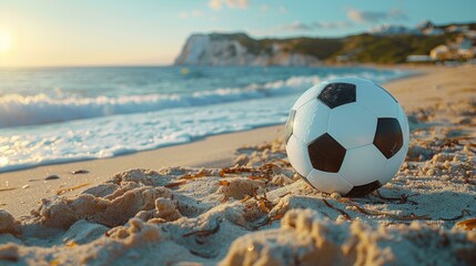 A soccer ball is sitting on the sandy beach near the water. The ball is white and black and is resting on the sand.
