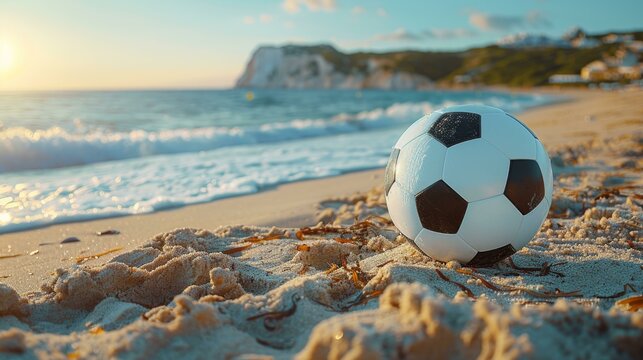 A soccer ball is sitting on the sandy beach near the water. The ball is white and black and is resting on the sand. 