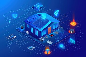 Smart home isometric concept. System control of iot. Internet things in spacedevelopment and mobile app of monitoring appliances and security system. Automation remote control electronic devices