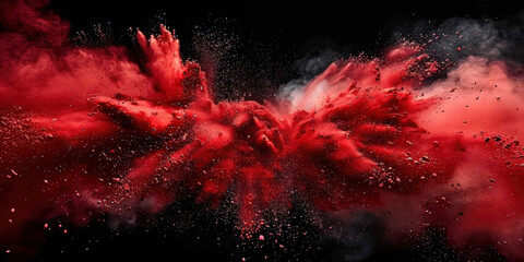 Dynamic explosion of red powder against a black background, creating a striking and energetic visual effect with vibrant red particles spreading outward in a dramatic burst..