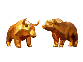 a gold polygonal bull and bear statues