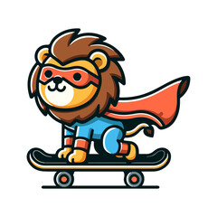 Naklejka premium cute lion hero playing skateboard icon character