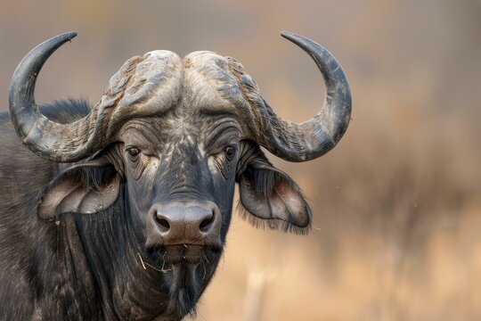 Majestic african buffalo portrait in close up staring tranquilly at the camera in its natural habitat of the african savannah grassland