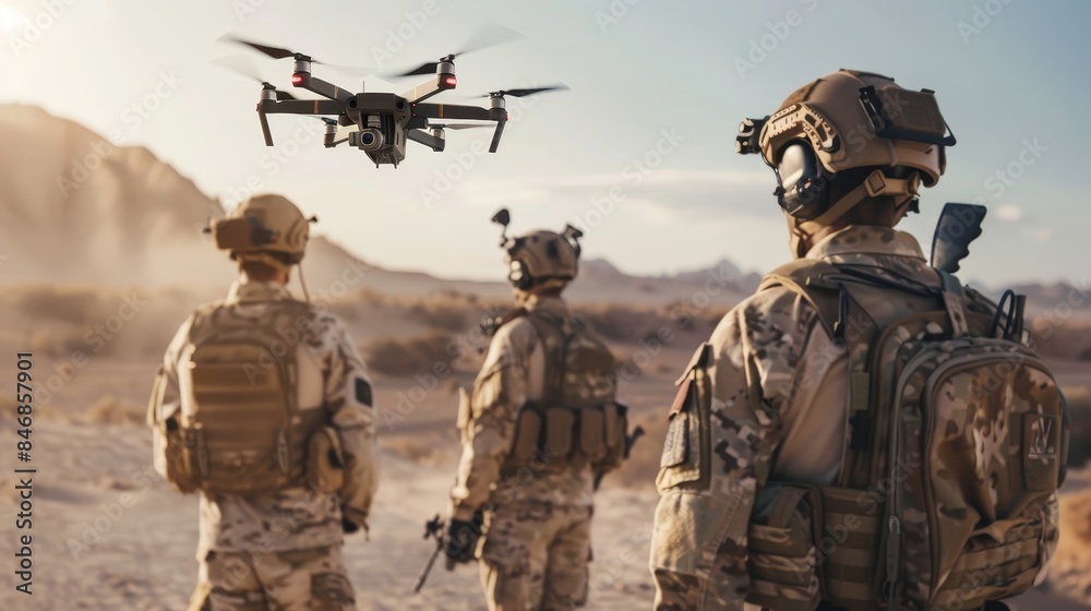 Poster Military personnel deploying drone for strategic operation in arid desert environment