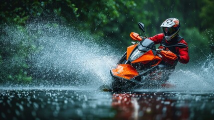 A person wearing a red jacket riding an orange motorcycle through water, creating a splash. The scene is captured in a close-up shot.