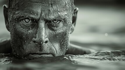 The man is wearing a beard and mustache, and he is in the water. He has a serious look on his face.