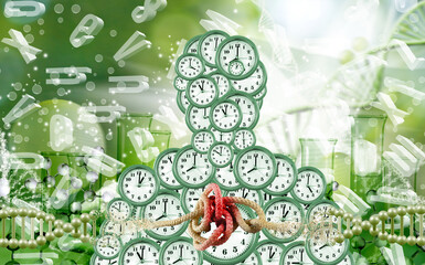 Obraz premium A digital collage featuring clocks, beakers, DNA strands, and letters swirling in a green, vibrant background, suggesting the interconnectedness of time, science, and life.